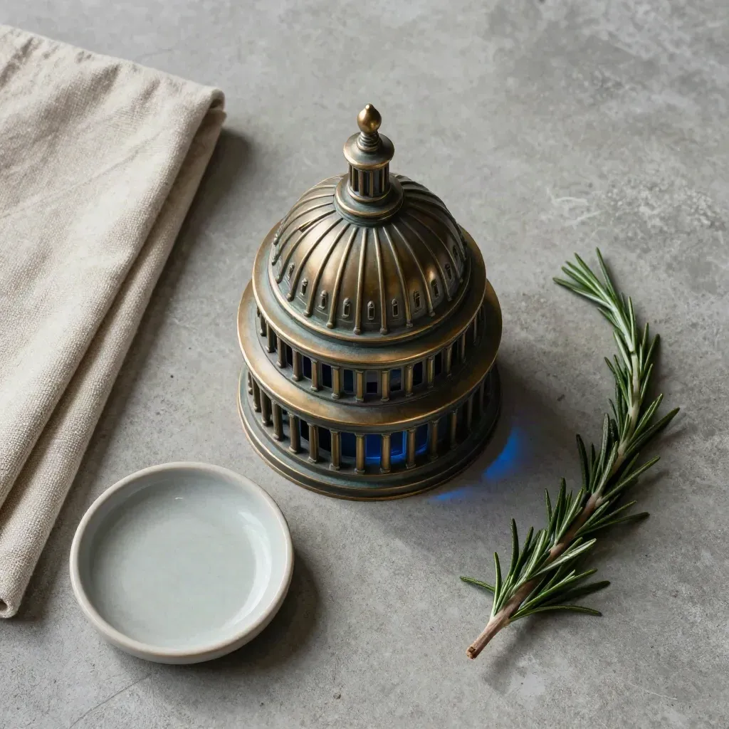 Overhead flatlay of Capitol dome paperweight, linen, dish, and rosemary on concrete