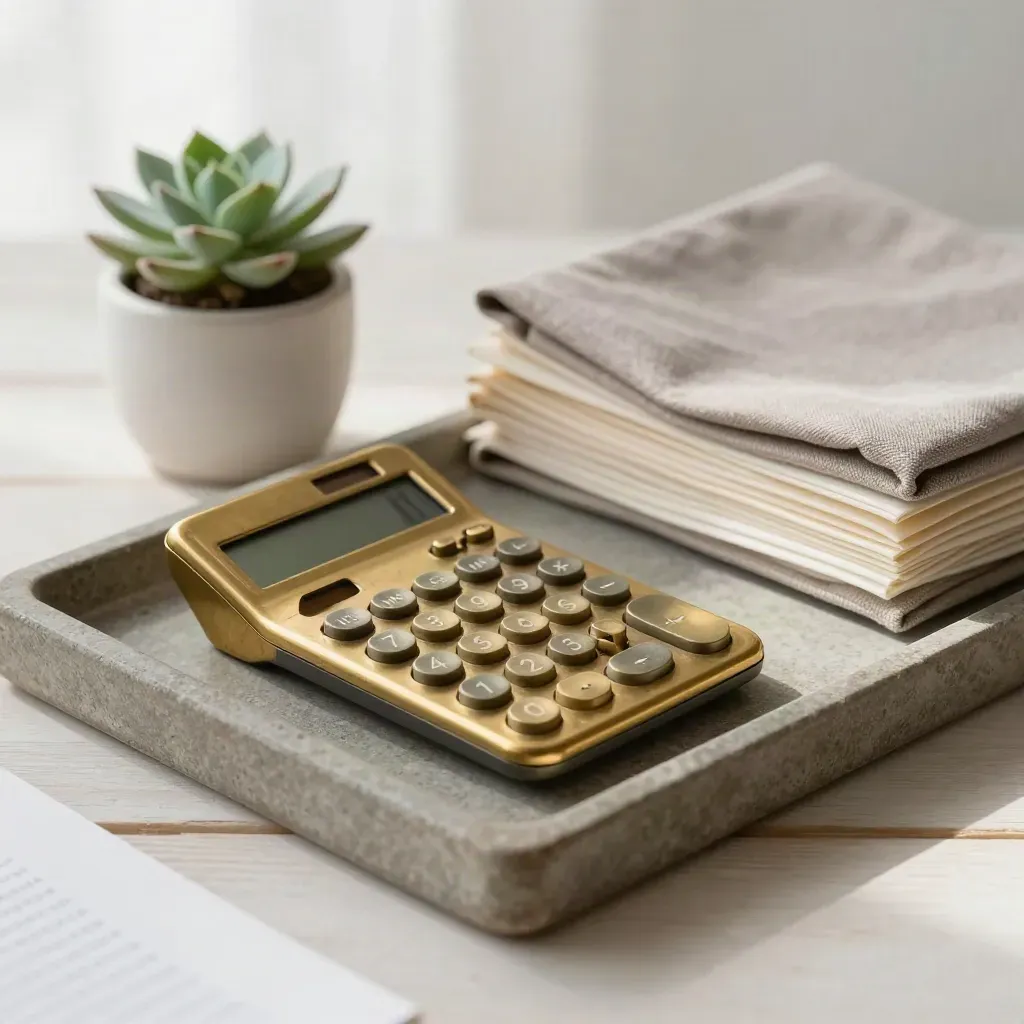 Brass calculator, stone tray, succulent and taupe cloth on pale wood.