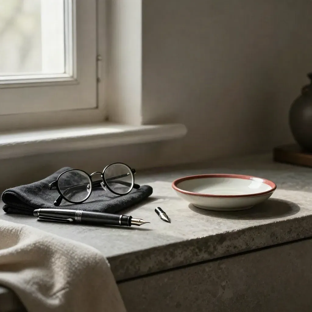Fountain pen, glasses, charcoal cloth and ceramic dish on a stone shelf in soft window light.