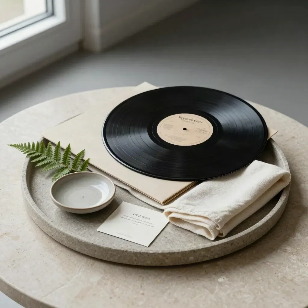 Vinyl record in sleeve with ceramic dish, ivory cloth and fern leaf on stone tray.