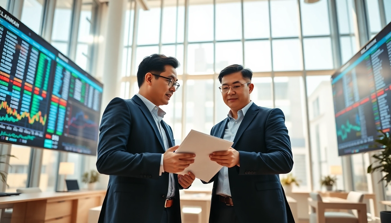Investors buy US stocks from Vietnam in a modern office, analyzing stock charts.