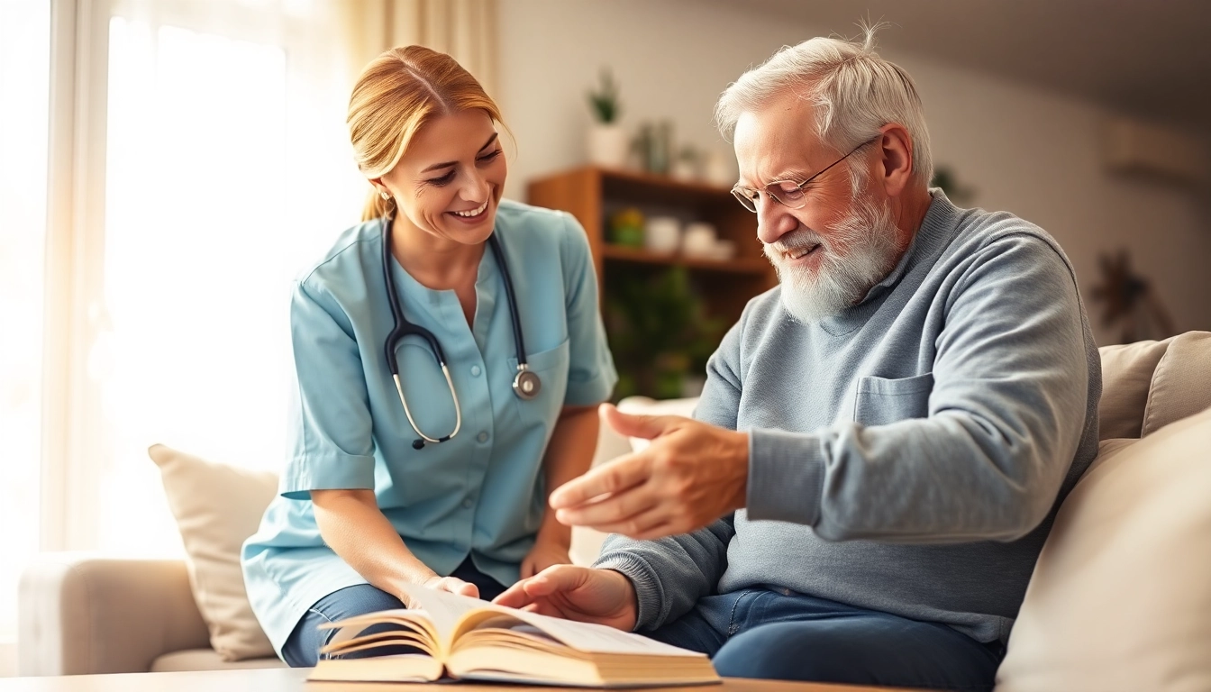 Offering in home health care services near me, a caregiver supports an elderly person in a warm living room.