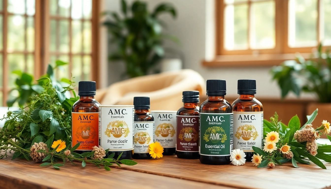 Presenting AMC Essentials essential oils with fresh herbs in a serene, natural setting.