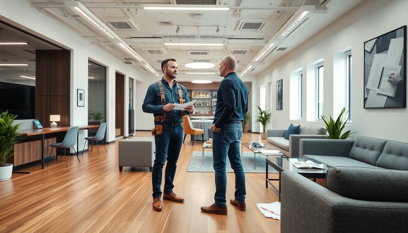 Austin commercial remodeling contractor discussing modern office renovations with a client.