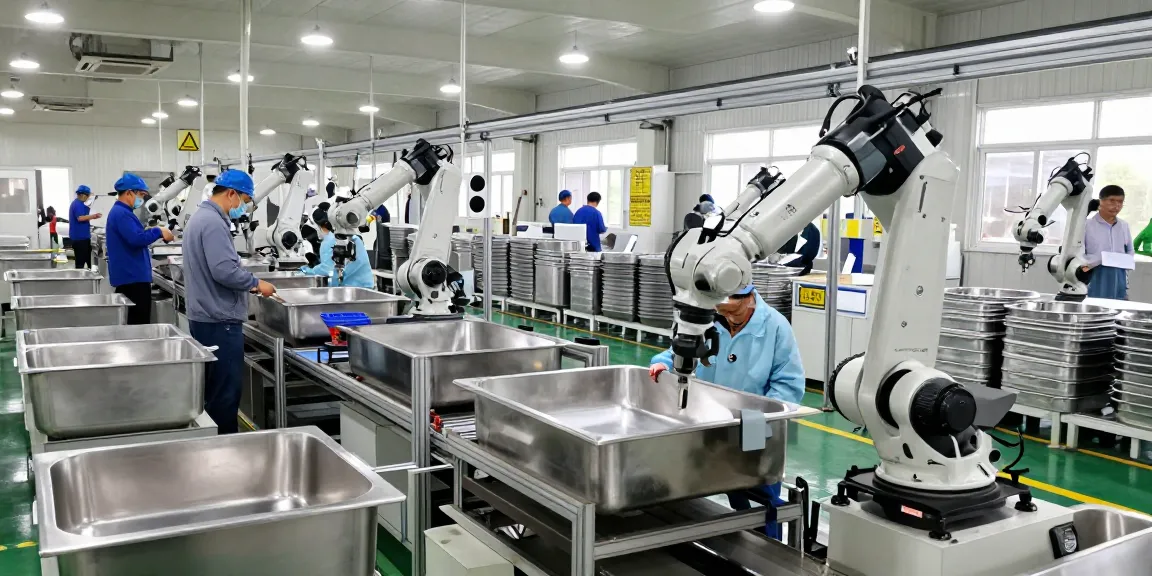 stainless steel basin factory workers assembling sinks in a modern manufacturing facility.