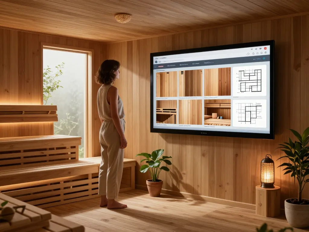 Interactive sauna configurator showcasing custom designs and features for a personalized sauna experience.