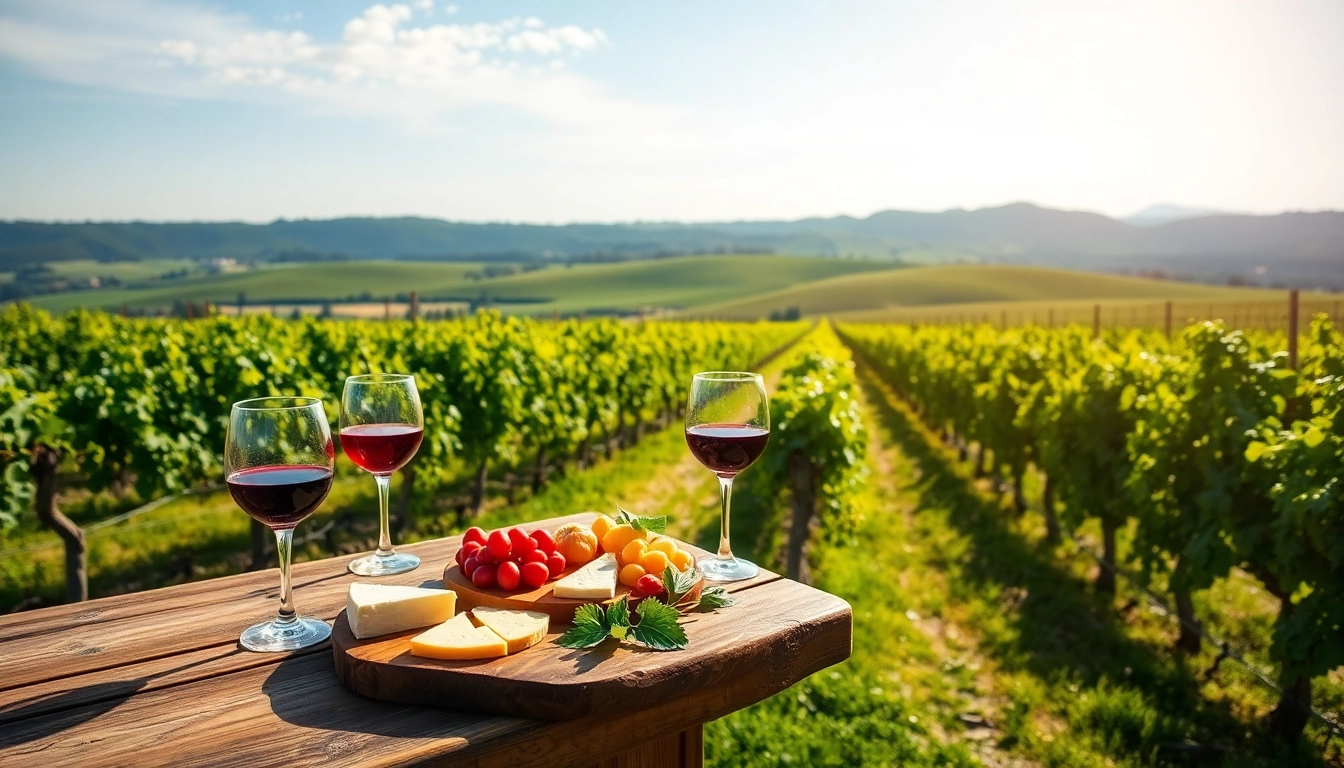 Enjoying Clarksburg wine tasting with a vineyard backdrop, featuring wine glasses and cheese.