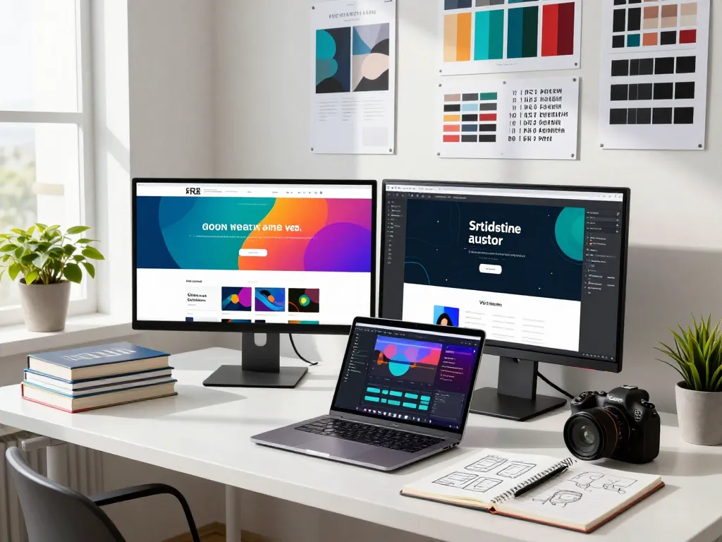 Web design professional at a modern workspace, creating vibrant website layouts and coding interfaces.