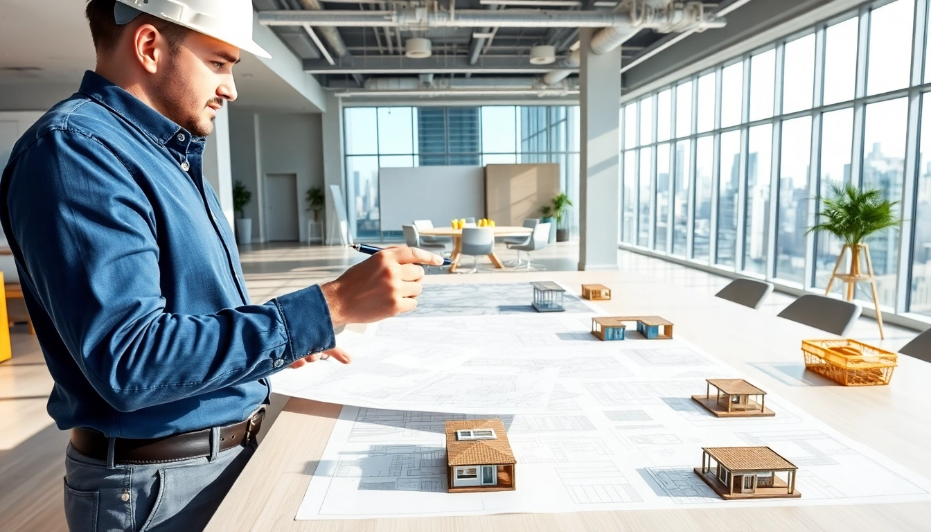 New York General Contractor reviewing building plans with clients in a bright office.