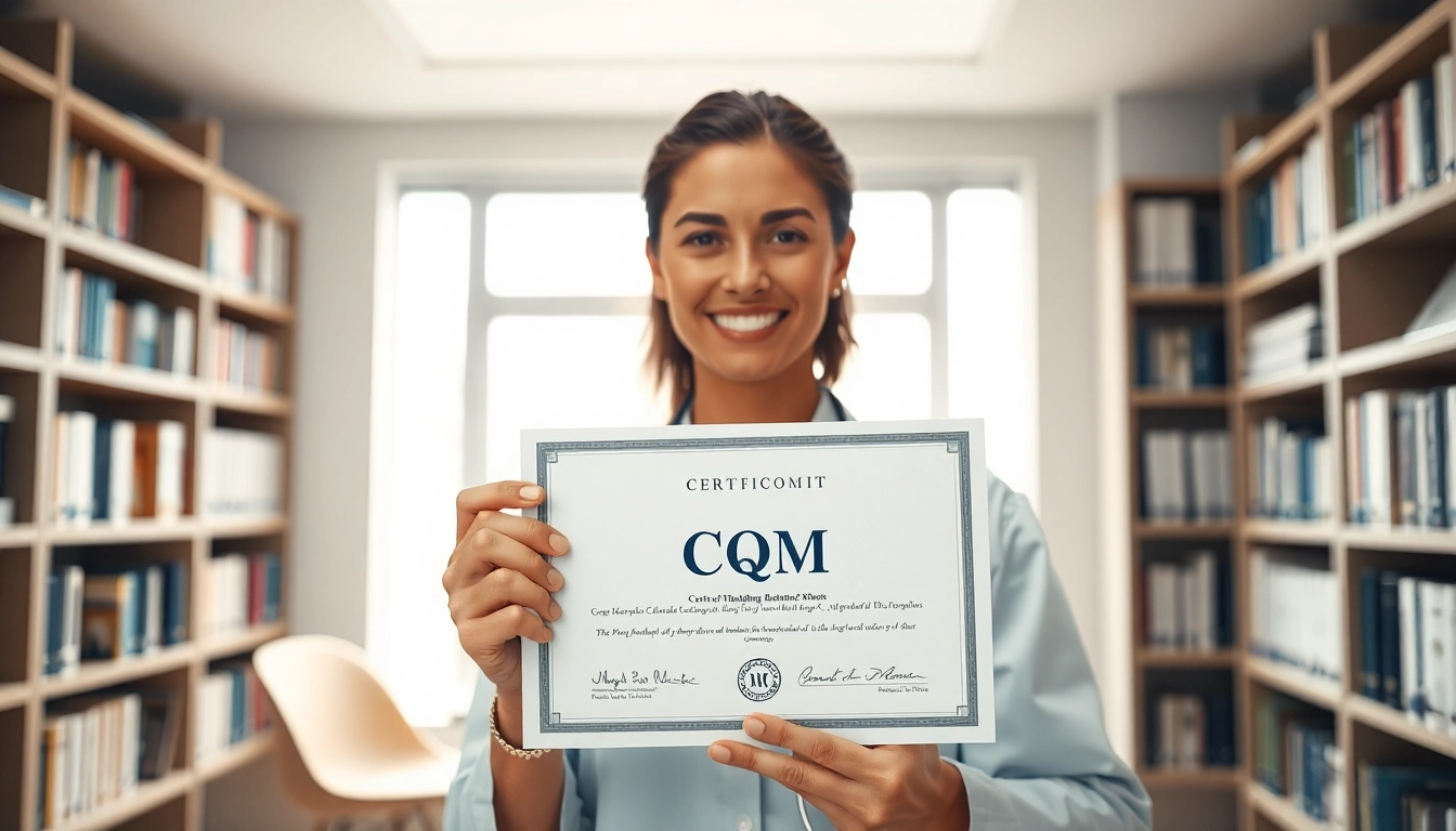 CQM certification proudly displayed by a healthcare professional in a bright office setting.