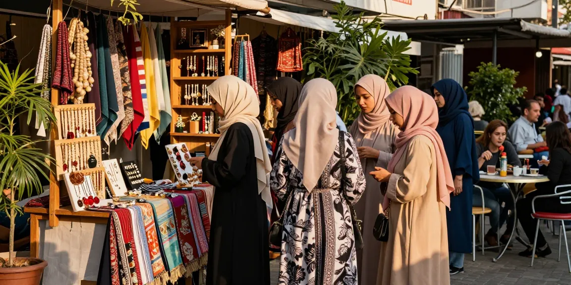 Women exploring a hijab store's vibrant collection of hijabs and accessories in an urban market.
