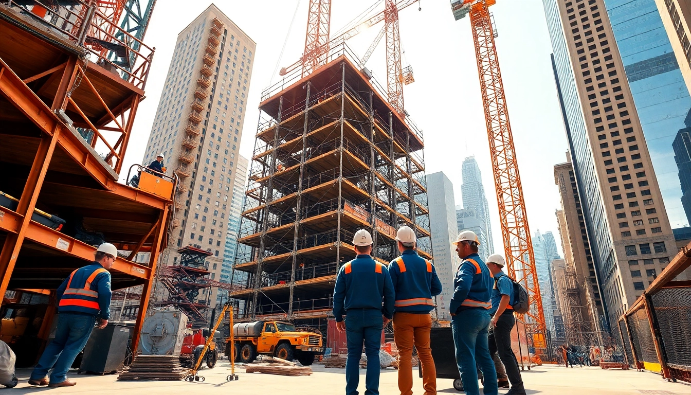 New York Commercial General Contractor managing skilled workers on-site for a major construction project.