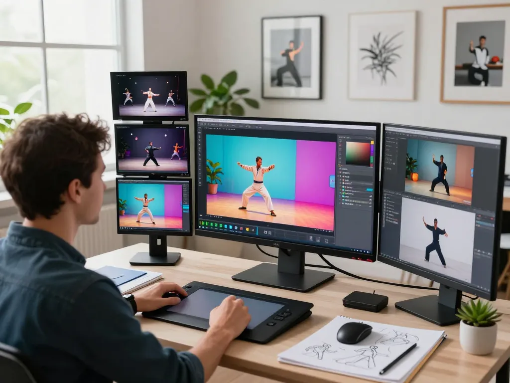 The digital artist using motion control AI to create animations, showcasing mind control over character movements in a vibrant studio.