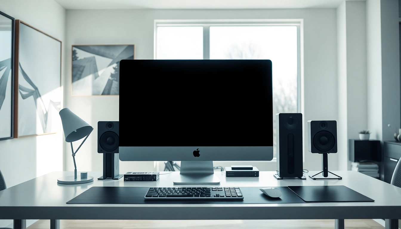 Utiliza una Computadora Mac Pro en un espacio de trabajo moderno y elegante.