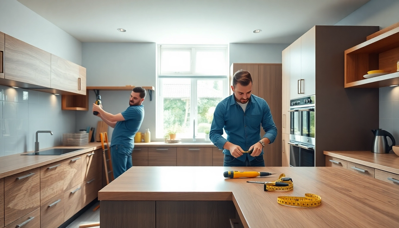 Skilled kitchen fitters near me working in a contemporary kitchen installation.