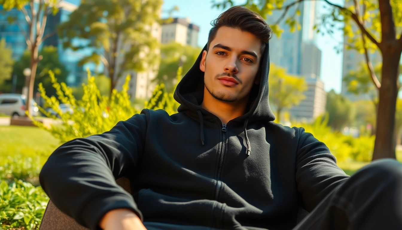 A model showcasing a black zip up hoodie in an urban park, radiating casual comfort.