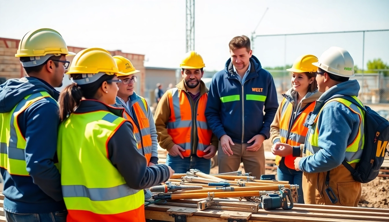 Engaged trainees in construction workforce training using tools outdoors, showcasing hands-on learning.