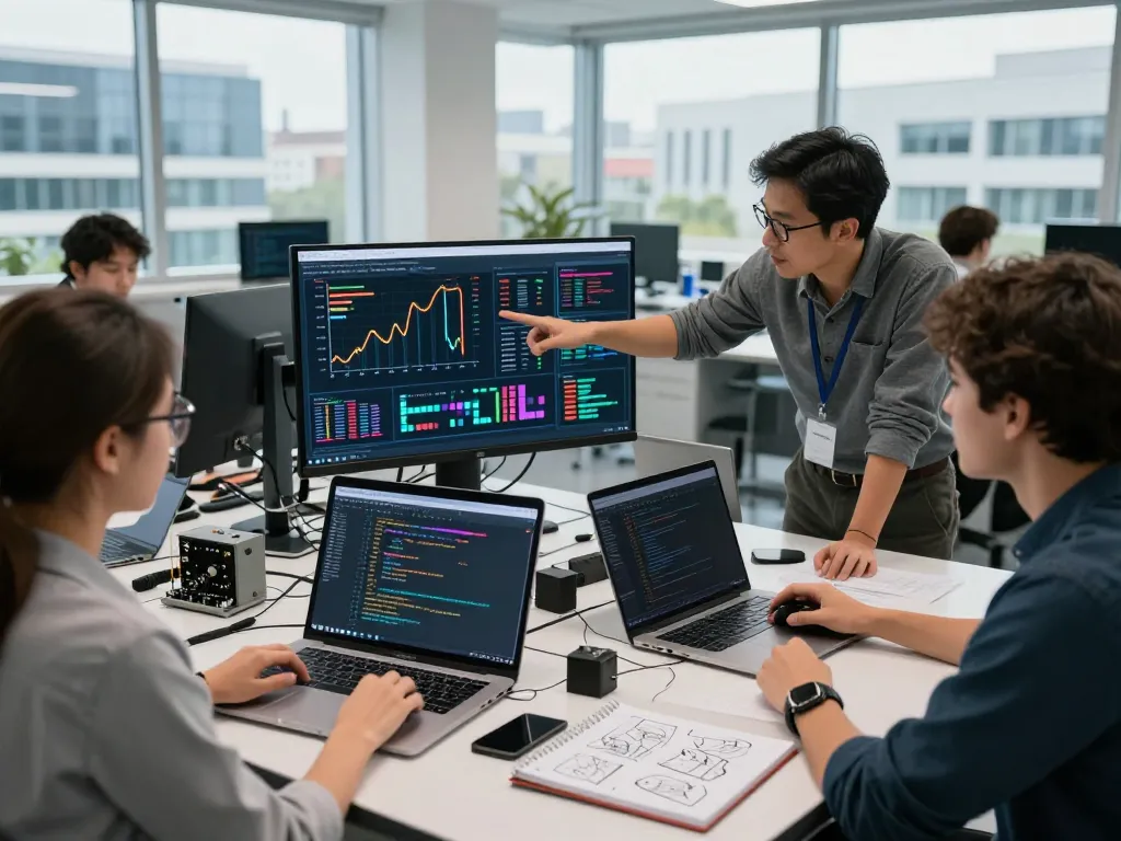 Engineers analyzing hbet data in a modern research lab, showcasing collaboration and innovation.