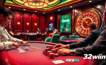 Players engaging in thrilling poker action at a 32win casino table with vibrant lights and luxurious decor.