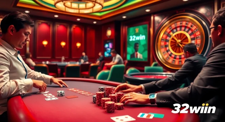 Players engaging in thrilling poker action at a 32win casino table with vibrant lights and luxurious decor.