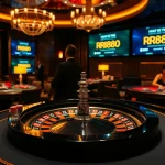 RR88 players enjoying an exciting game at a stylish roulette table in a glamorous casino setting.