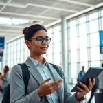 Engaged traveler using a device for uk eta online application in a bustling airport environment.