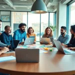 Team collaboration at a Marketing Agency in a modern office environment, showcasing creativity and professionalism.