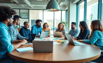 Team collaboration at a Marketing Agency in a modern office environment, showcasing creativity and professionalism.