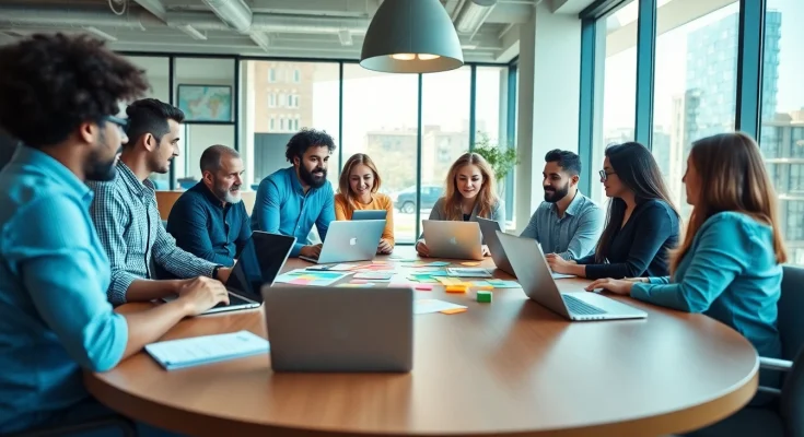 Team collaboration at a Marketing Agency in a modern office environment, showcasing creativity and professionalism.