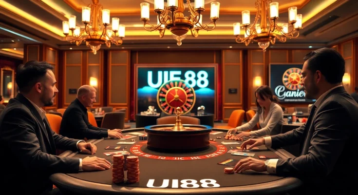 Players immersed in a high-stakes poker game at UU88 casino, showcasing intense strategy and excitement.