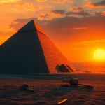 Experience the majestic Great Pyramid of Giza from https://piraminds.com/ against a stunning sunset backdrop.