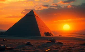Experience the majestic Great Pyramid of Giza from https://piraminds.com/ against a stunning sunset backdrop.