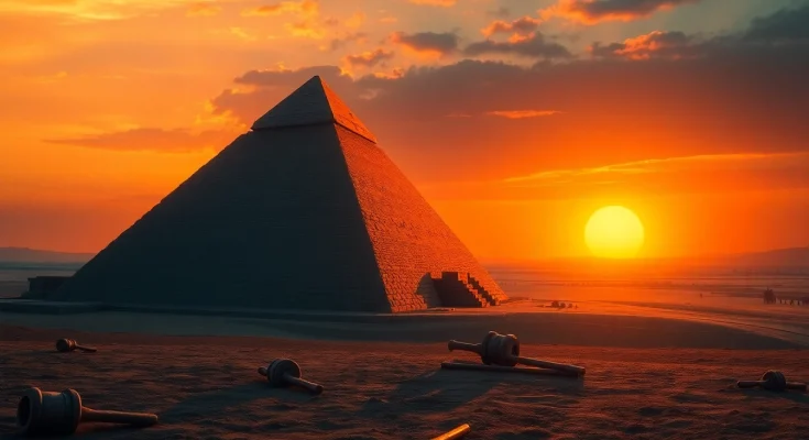 Experience the majestic Great Pyramid of Giza from https://piraminds.com/ against a stunning sunset backdrop.