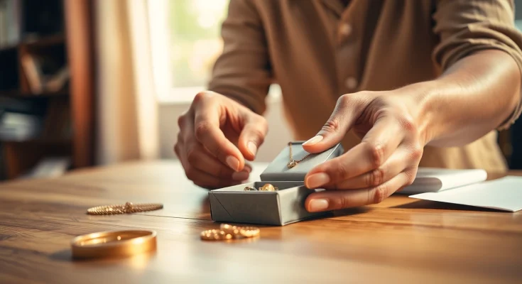 Compro oro a distanza: Process of packaging gold jewelry securely for sale.