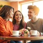 Young couple sharing a laugh in a café, illustrating the feeling of having a crush on someone.