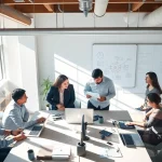 Dynamic collaboration among an AI integration service provider team in a modern office.