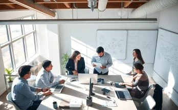 Dynamic collaboration among an AI integration service provider team in a modern office.