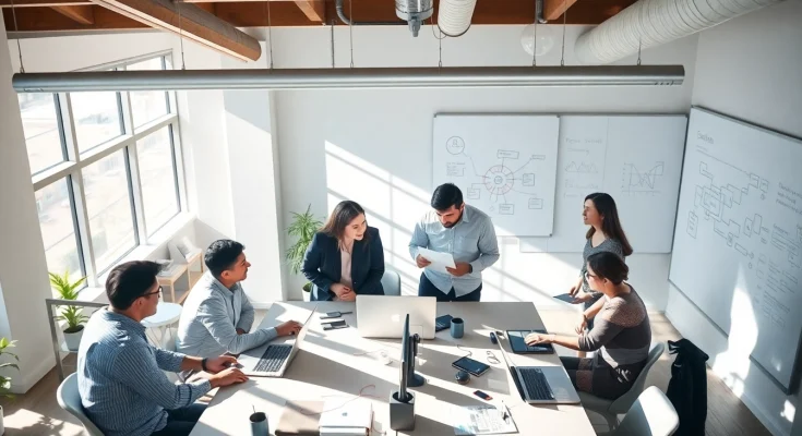 Dynamic collaboration among an AI integration service provider team in a modern office.