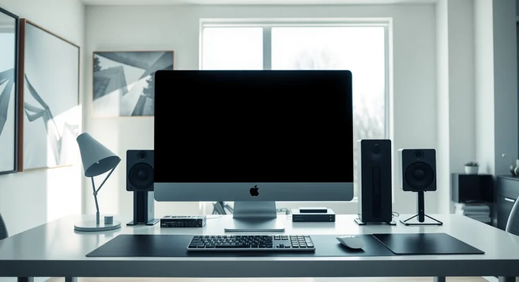 Utiliza una Computadora Mac Pro en un espacio de trabajo moderno y elegante.