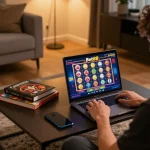 Player enjoying Bet88 online casino games on a laptop in a cozy home setup.