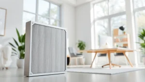 hepa filter enhancing air quality in a stylish home office space with natural light.