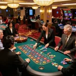 Players excitedly placing bets at the roulette table in a vibrant casino setting on f168.osaka.