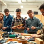 Students practicing skills at a trade school, with a focus on vocational training and hands-on education.