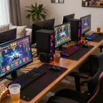 Players engaging in exciting online F168 games at a cozy home setup with colorful screens and snacks.