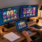 Engaged player enjoying 789CLUB app on multiple screens in a cozy gaming setup.
