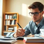 Hire someone to take lsat for you while studying at a desk filled with LSAT prep materials.