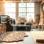 Showcasing laser cutting designs crafted from acrylic and wood in a vibrant workshop.