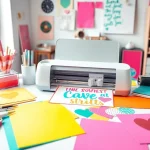 Cricut SVG designs being cut in a bright, creative workspace with various crafting tools.