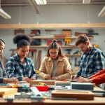 Students participating in hands-on construction classes in a well-lit workshop.