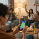 Engaged user checking kèo bóng đá trực tuyến odds on smartphone in a cozy betting setup